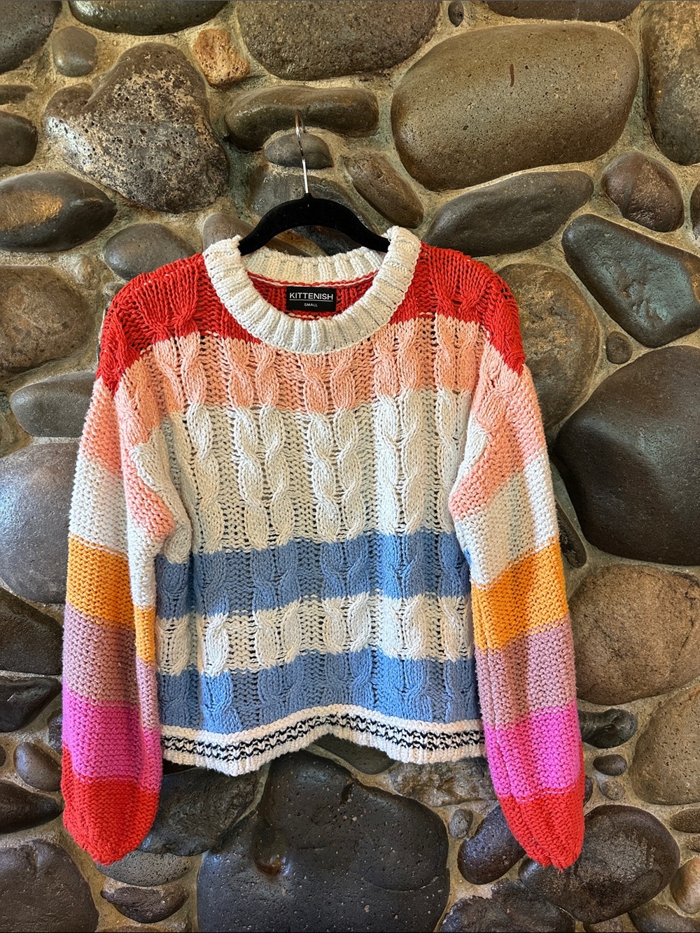 Kittenish White Sweater with Red, Pink, Peach, Blue & Yellow Stripes